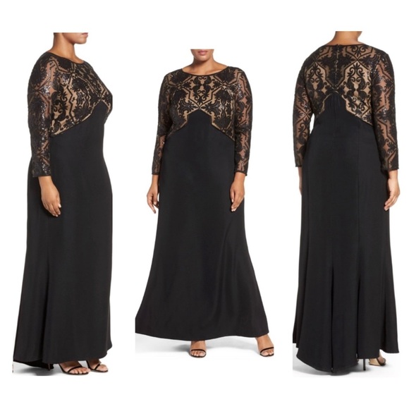 Tadashi Shoji PARULA GOWN Sheer Sequin Maxi Dress APU2132LX-BK/ND 18Q - Picture 16 of 16